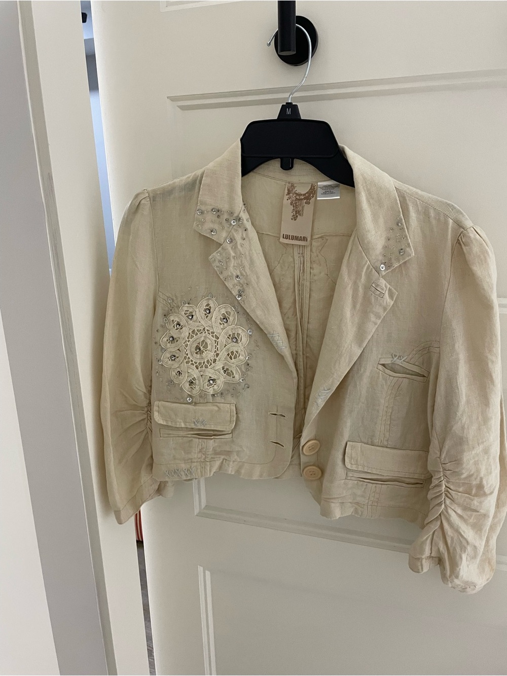 Lulumari Cream Embellished Cropped Linen Jacket